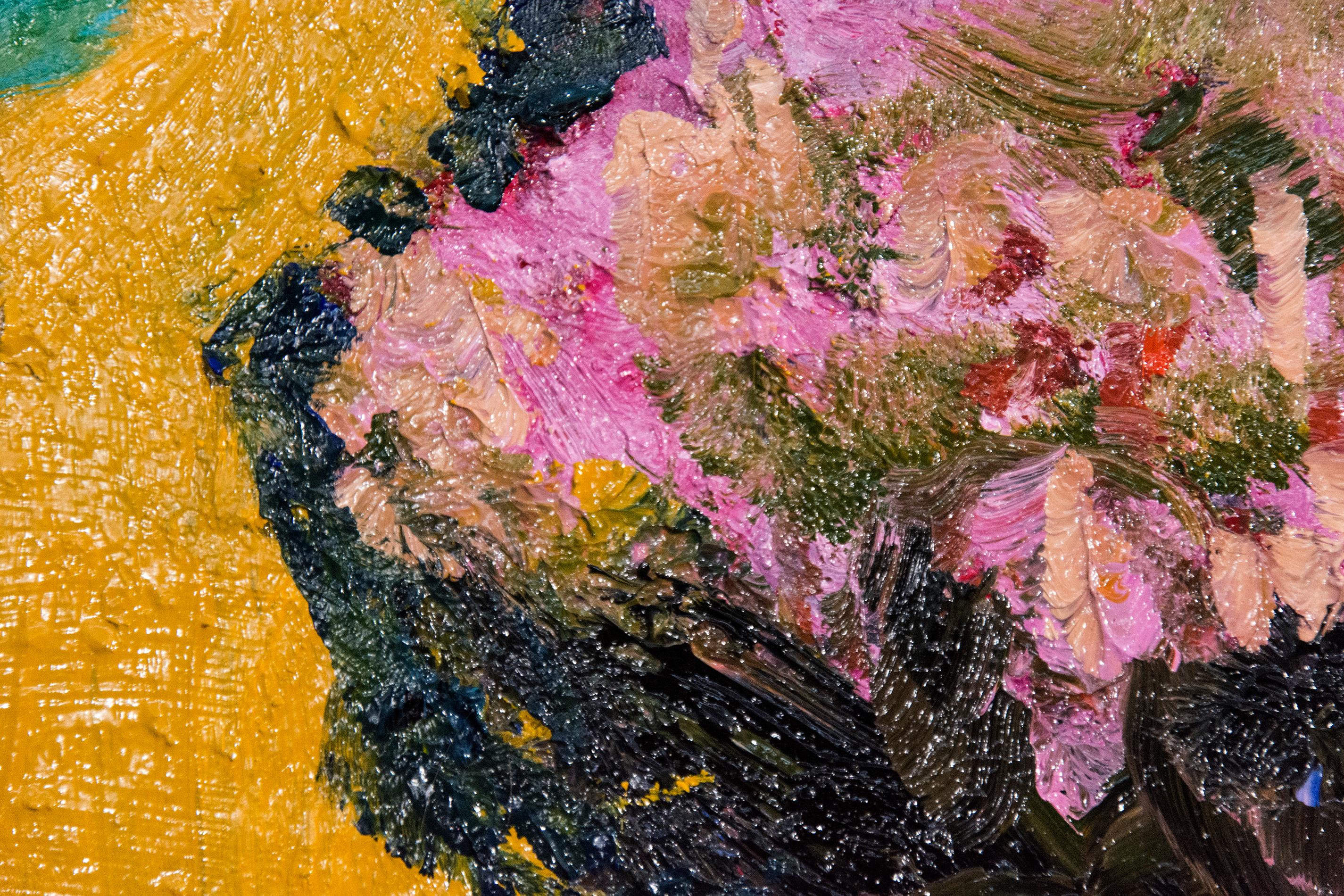 Yellow Burst with Pink and Turquoise - small bright orange floral still life oil - Painting by Jennifer Hornyak