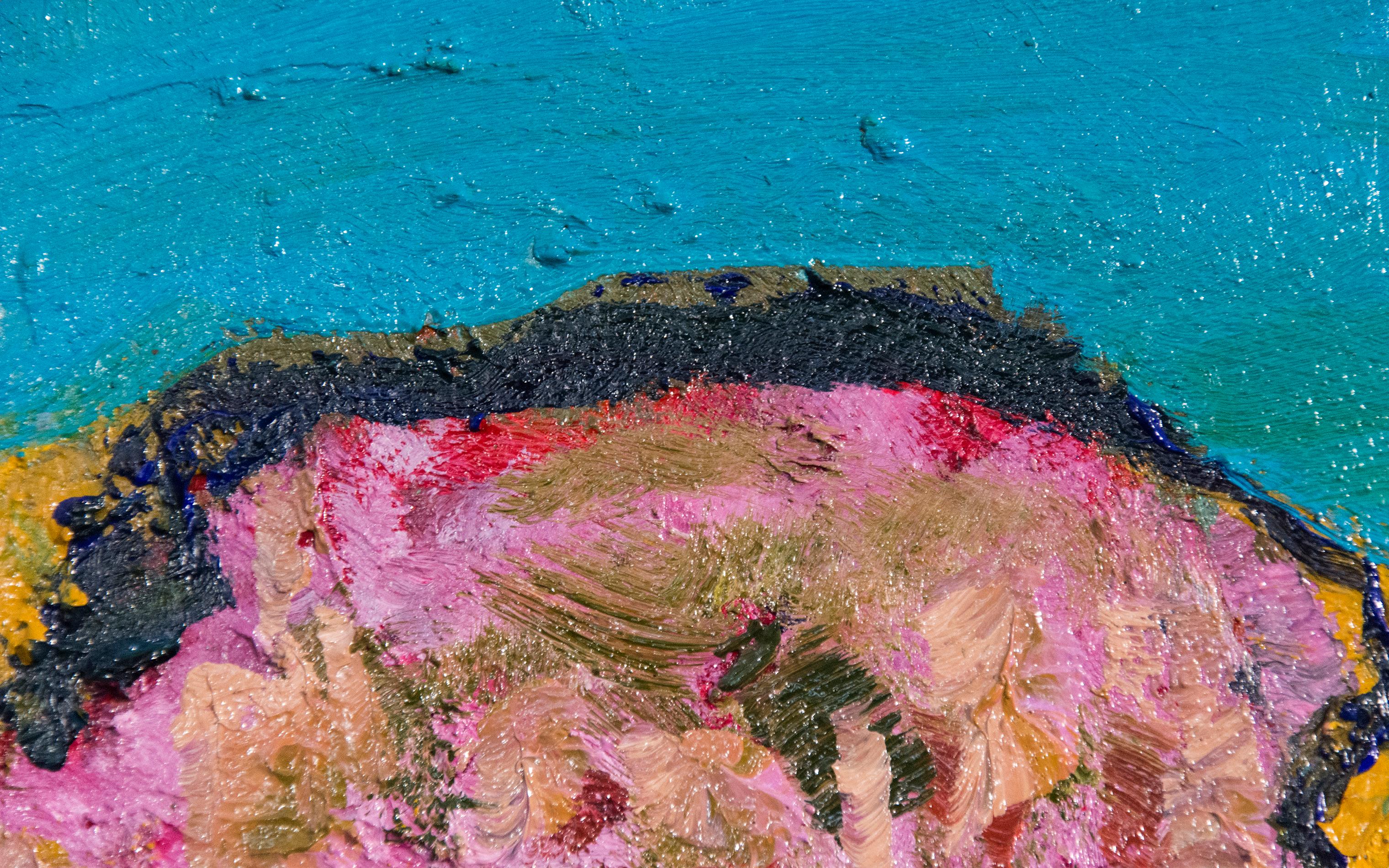 Yellow Burst with Pink and Turquoise - small bright orange floral still life oil - Contemporary Painting by Jennifer Hornyak