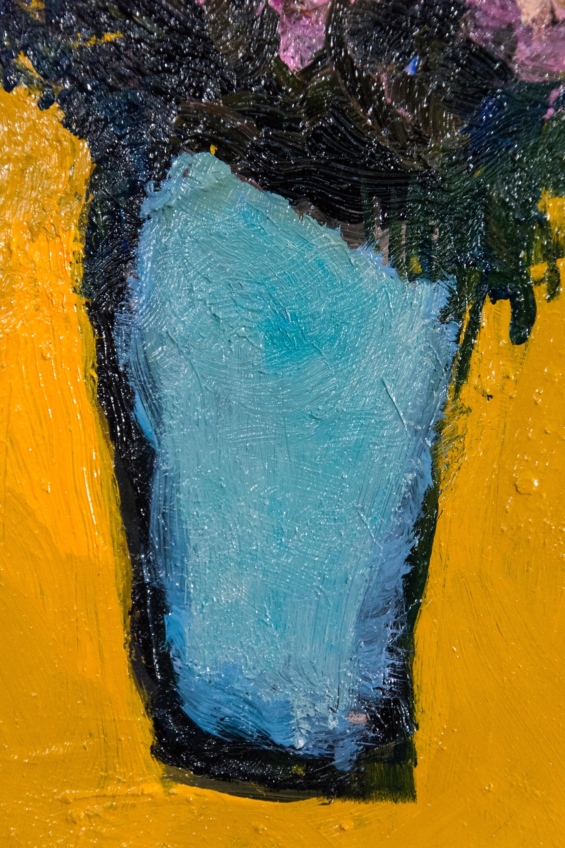 Yellow Burst with Pink and Turquoise - small bright orange floral still life oil - Black Still-Life Painting by Jennifer Hornyak