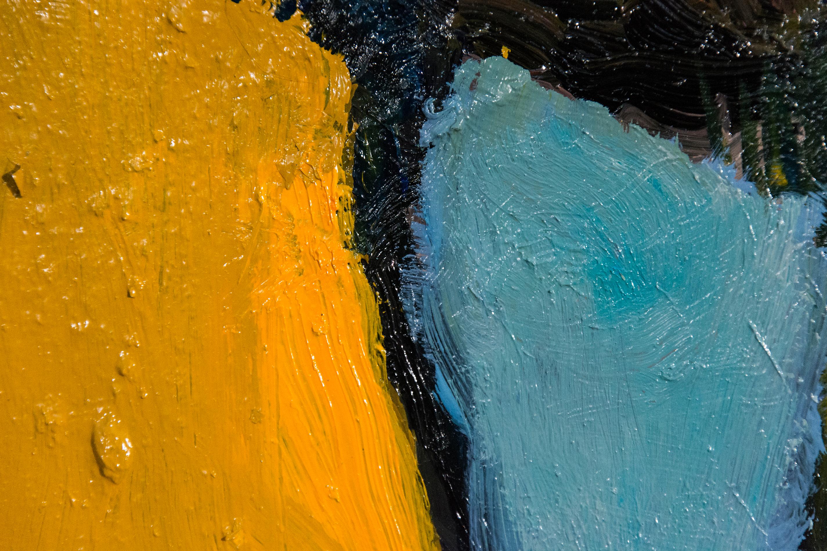 Montreal artist Jennifer Hornyak is known for her vivid colours and richly textured oil paintings. This piece sets a bunch of pink flowers in a blue vase against a sunny yellow and turquoise background. Gorgeous! Hornyak’s inspired colour palette