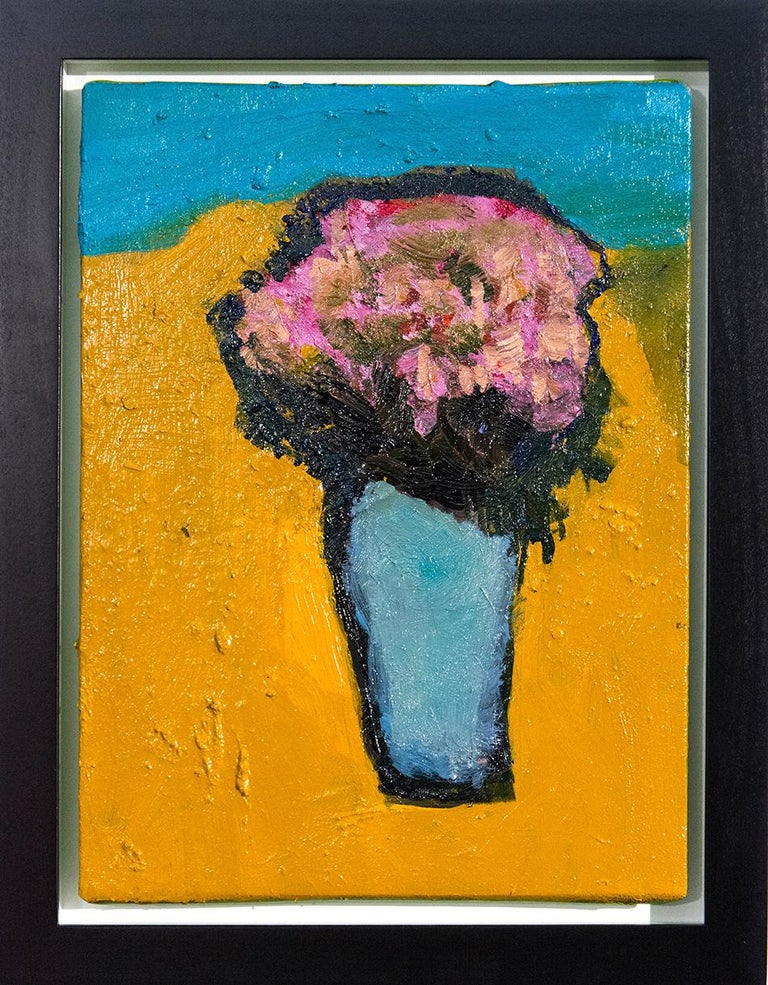 Jennifer Hornyak Still-Life Painting - Yellow Burst with Pink and Turquoise - small bright orange floral still life oil