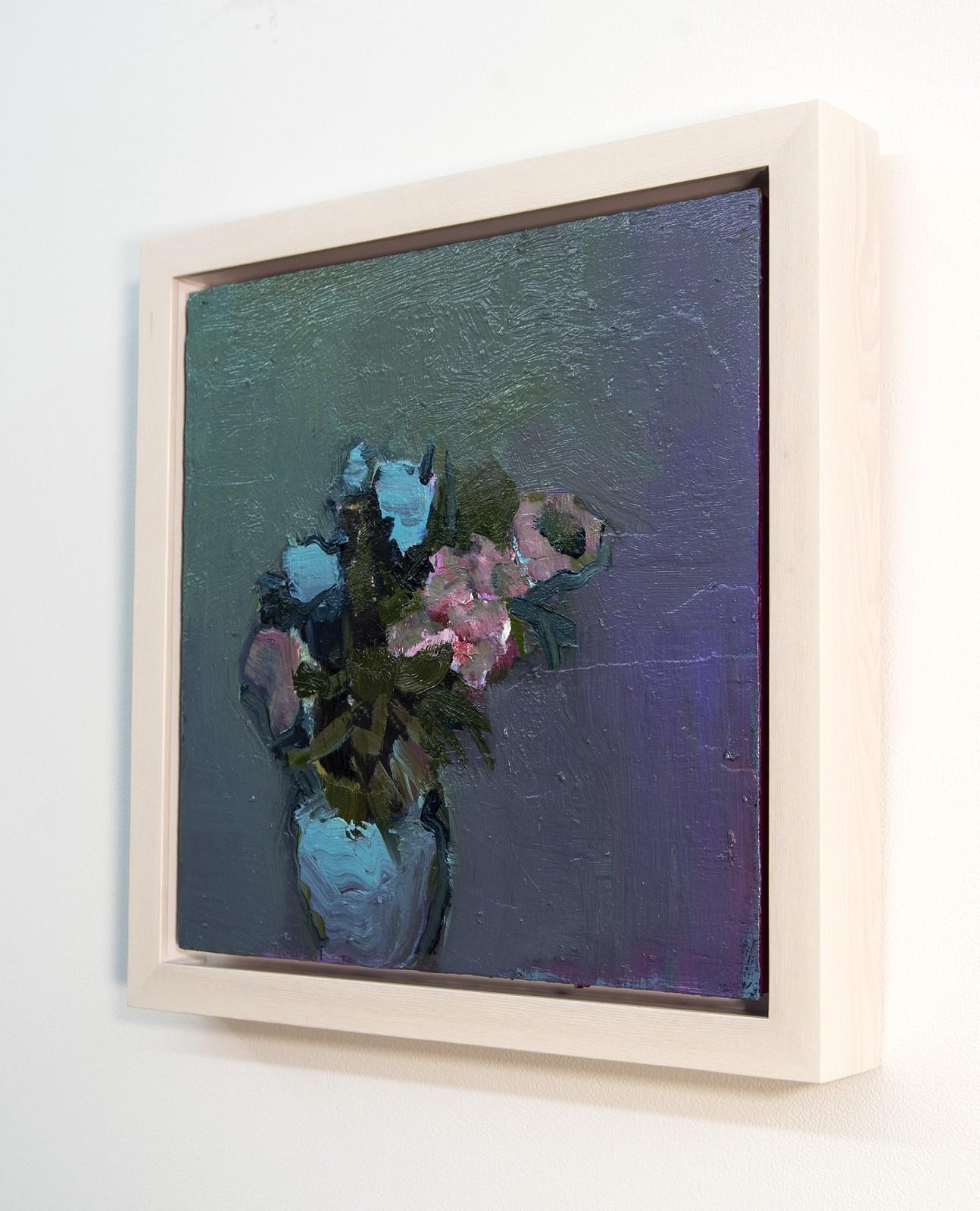 This lovely oil painting of flowers by British artist Jennifer Hornyak in soft pinks and pale blues, highlighted by green foliage is set against a deep purple and sea-green background. Pimpernels are classic flowers from the primrose family often