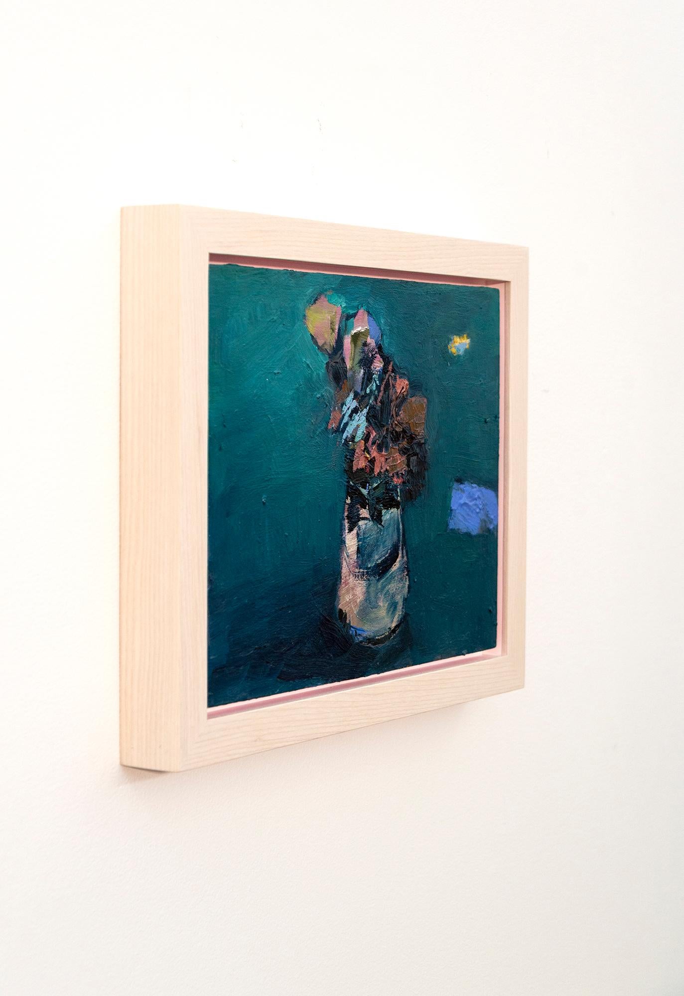 This contemporary, floral, still-life oil painting is reminiscent of the great Fauvist artists such as Matisse.
 
A symphony of blues—turquoise, sky blue and navy offer a rich backdrop for a vase of flowers in this oil painting by one of Canada’s