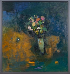 Blue Wall with Ochre - Contemporary Oil Painting on Canvas, Framed