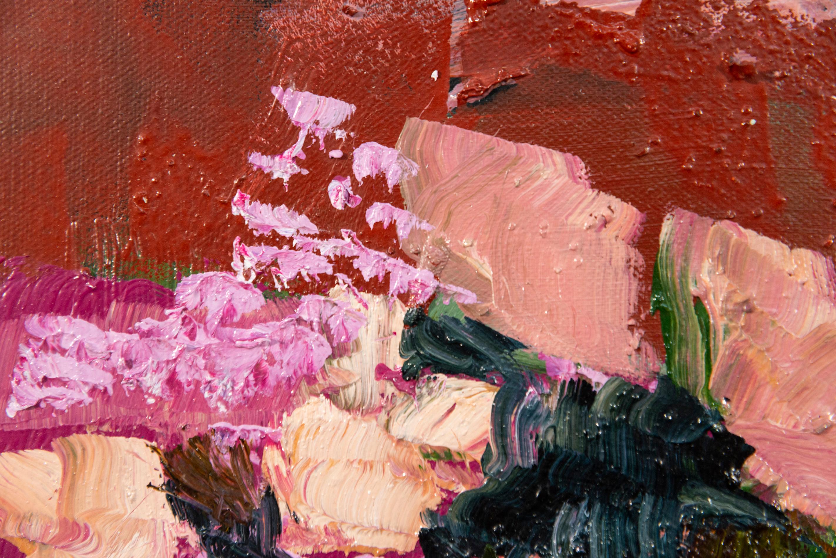 British born artist Jennifer Hornyak has re-imagined the traditional still life in a series of abstract, richly coloured florals. Her palette—this oil on canvas in fuchsia, pink, purple, blue, burnt orange and green echoes classical influences. The