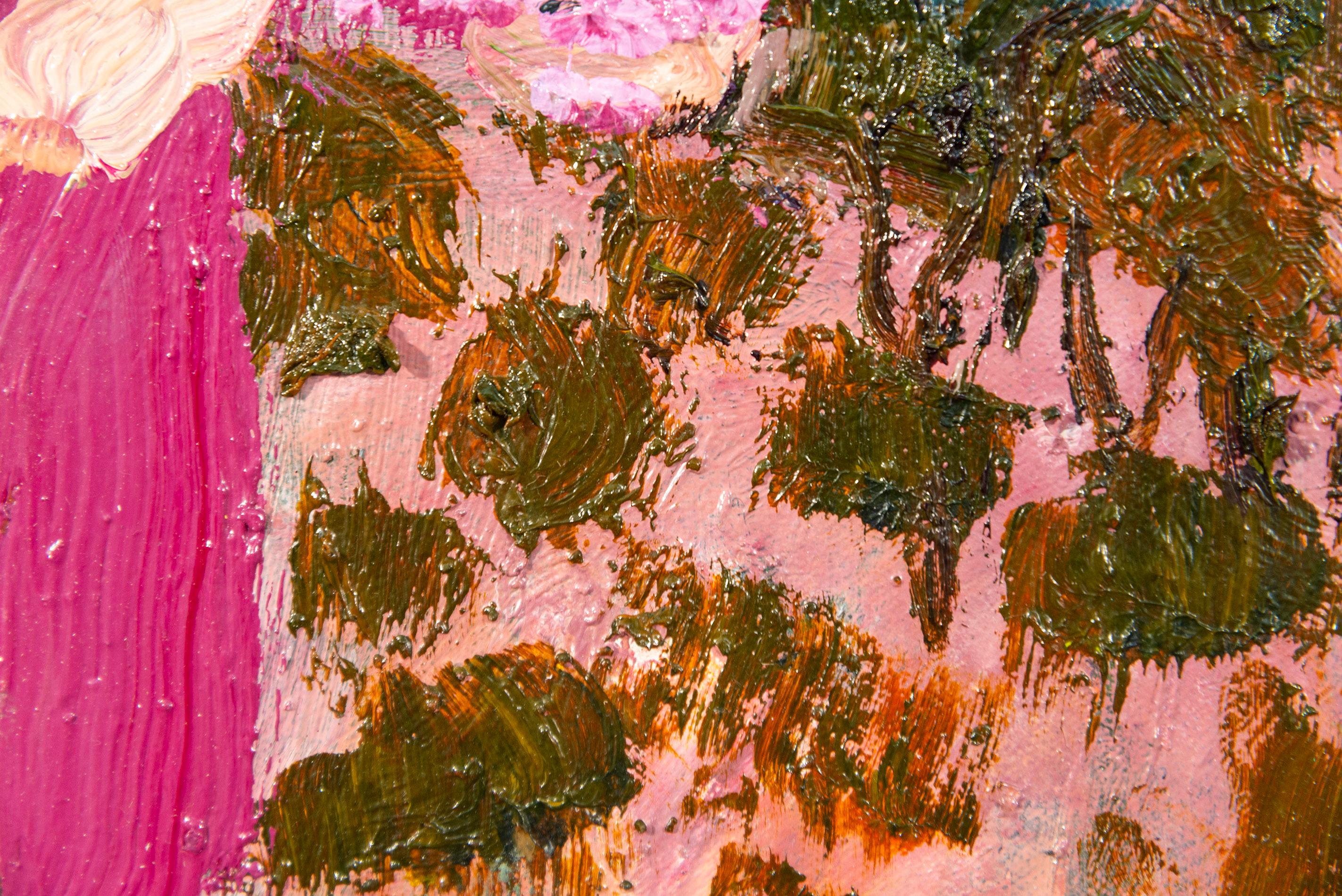 Naranja quemado con fucsia - pequeño, colorido, floral, bodegón, óleo sobre lienzo 1