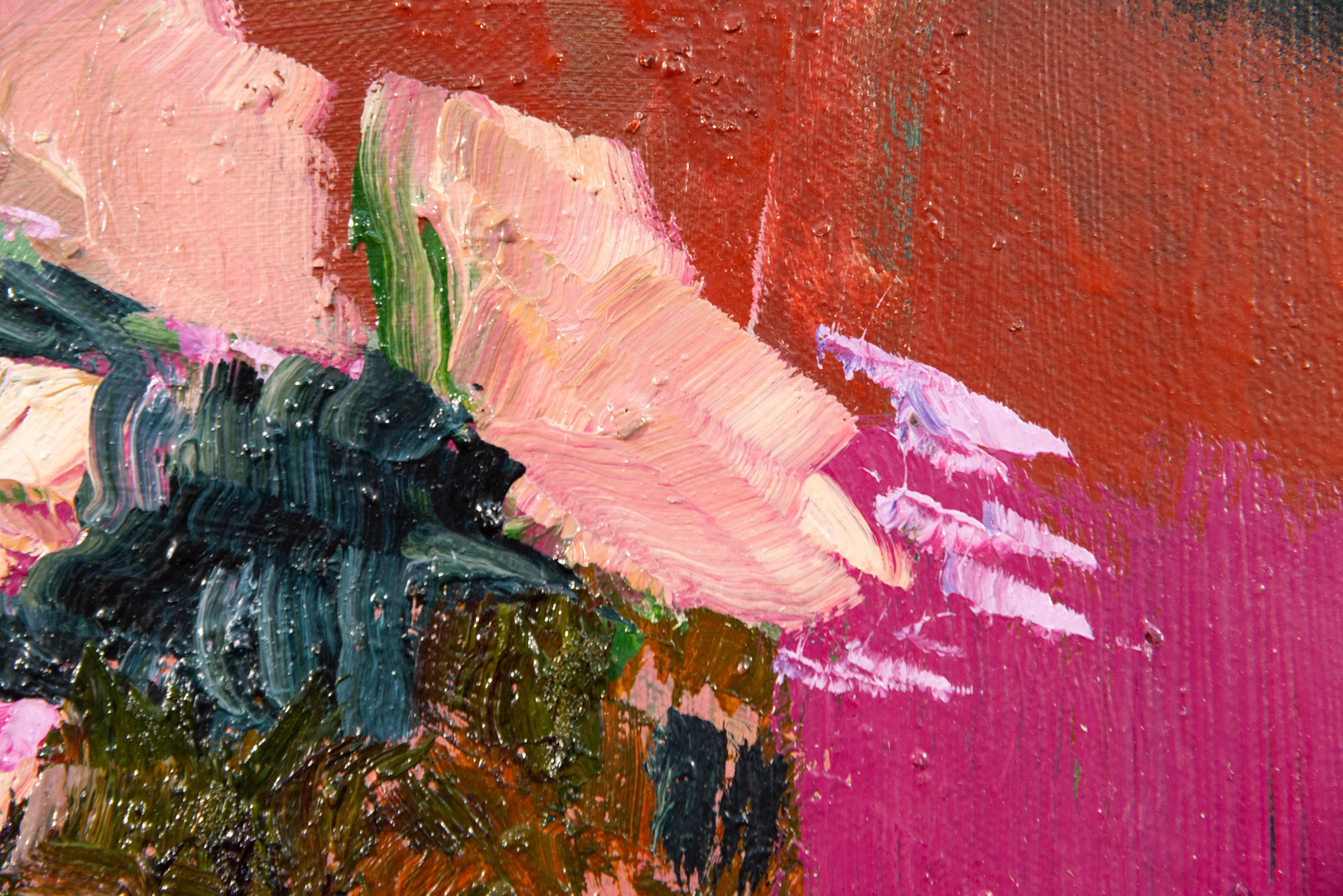 Burnt Orange with Fuchsia - small, colourful, floral, still life, oil on canvas For Sale 2