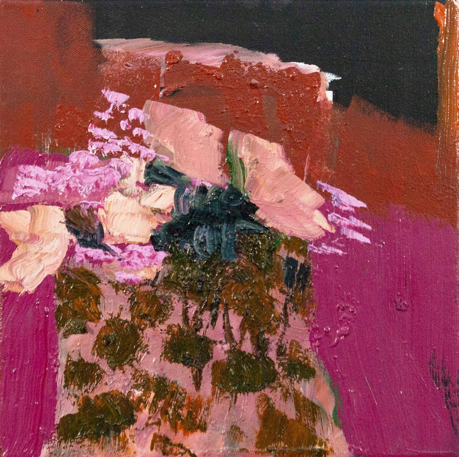 Burnt Orange with Fuchsia - small, colourful, floral, still life, oil on canvas - Painting by Jennifer Hornyak