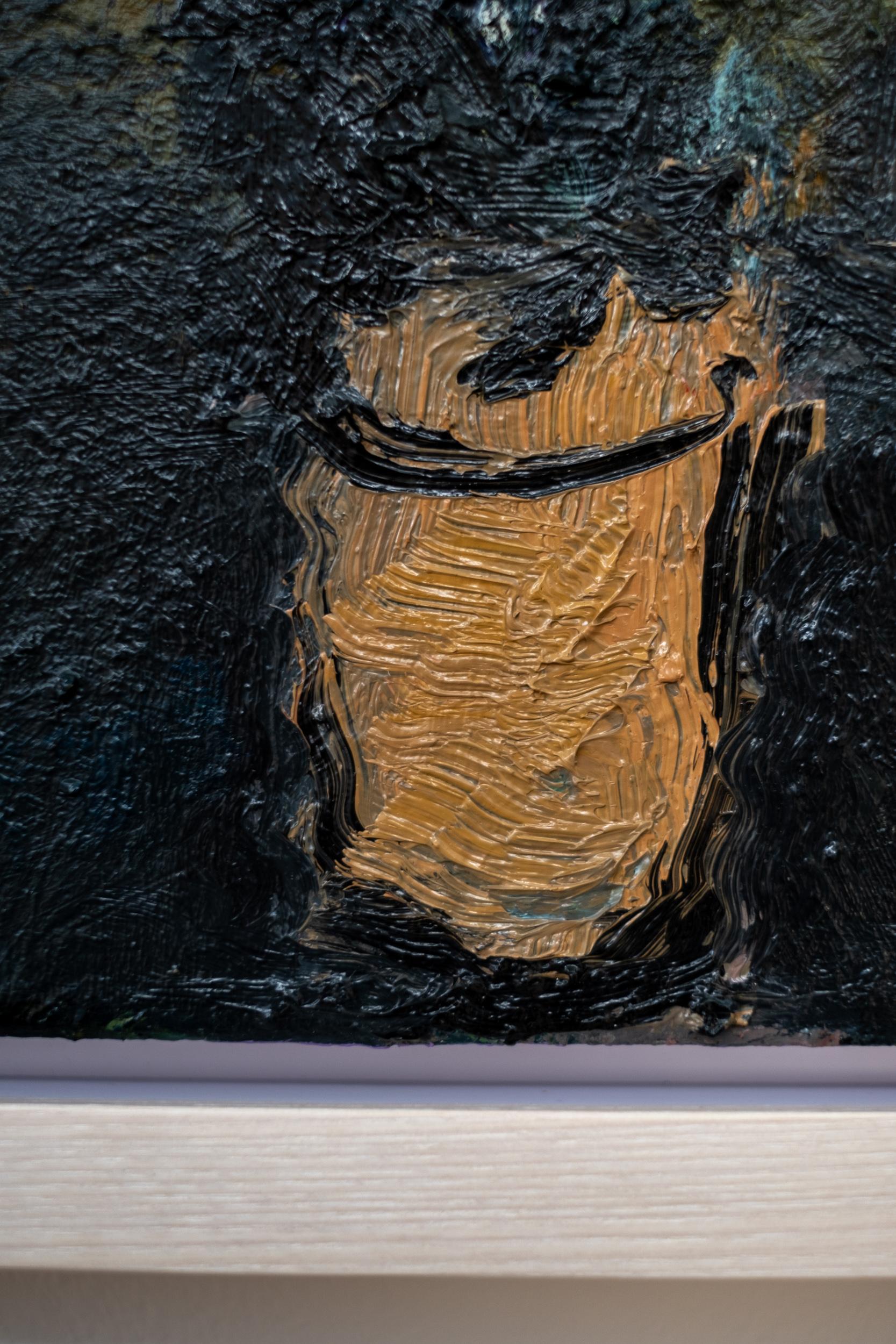 Noir de carbone et lavande - contemporain, floral, nature morte, huile sur panneau 2