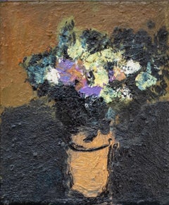 Noir de carbone et lavande - contemporain, floral, nature morte, huile sur panneau
