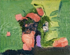 Coral with Green and Lemon - Contemporary Oil Painting on Wood Panel