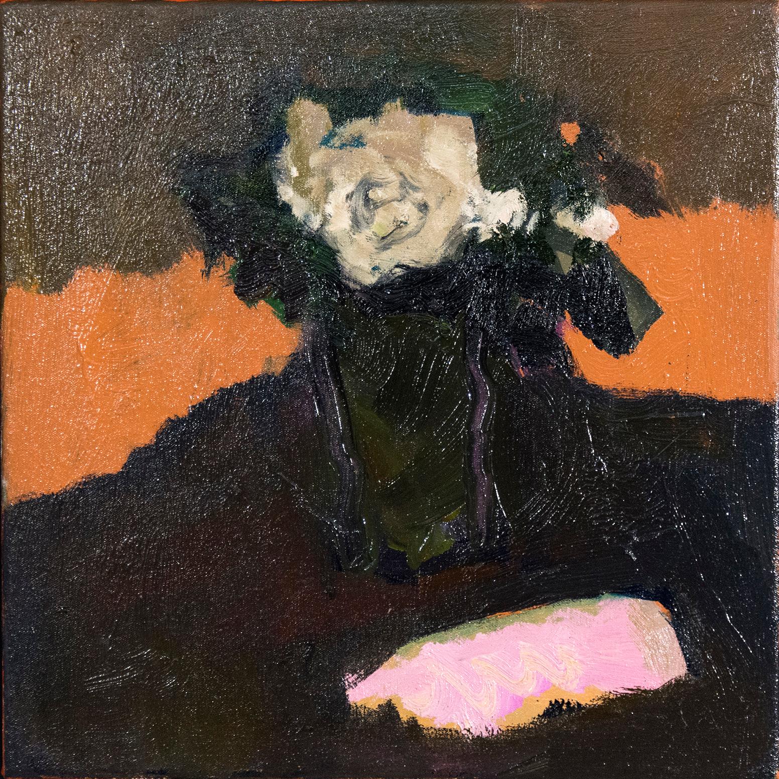 Cream Rose with Pink - small dark green, orange, figurative still life oil - Painting by Jennifer Hornyak