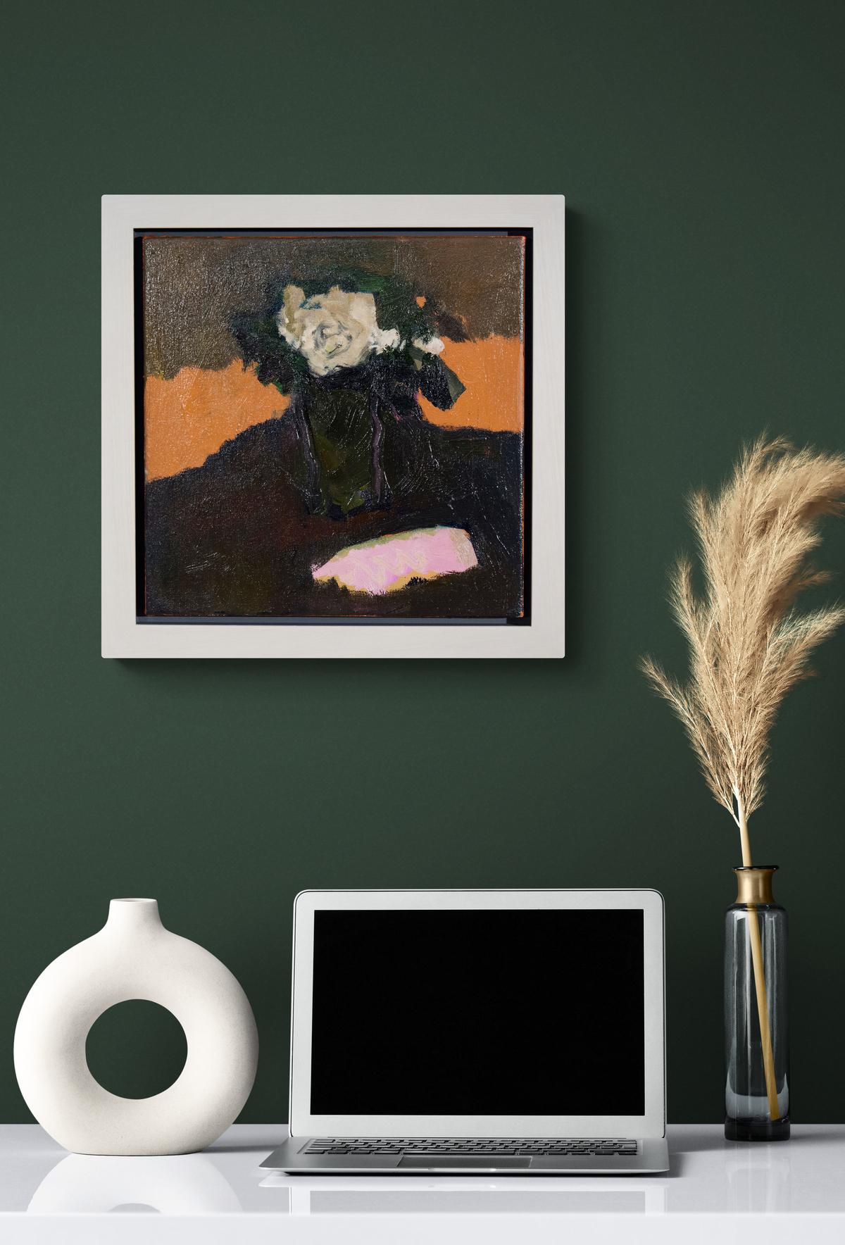 Creamy coloured flowers against a dark green and orange background, with a patch of pink in front in this evocative sophisticated oil composition from master Jennifer Hornyak.

Hornyak was born in England where she studied at the Grimsby School of