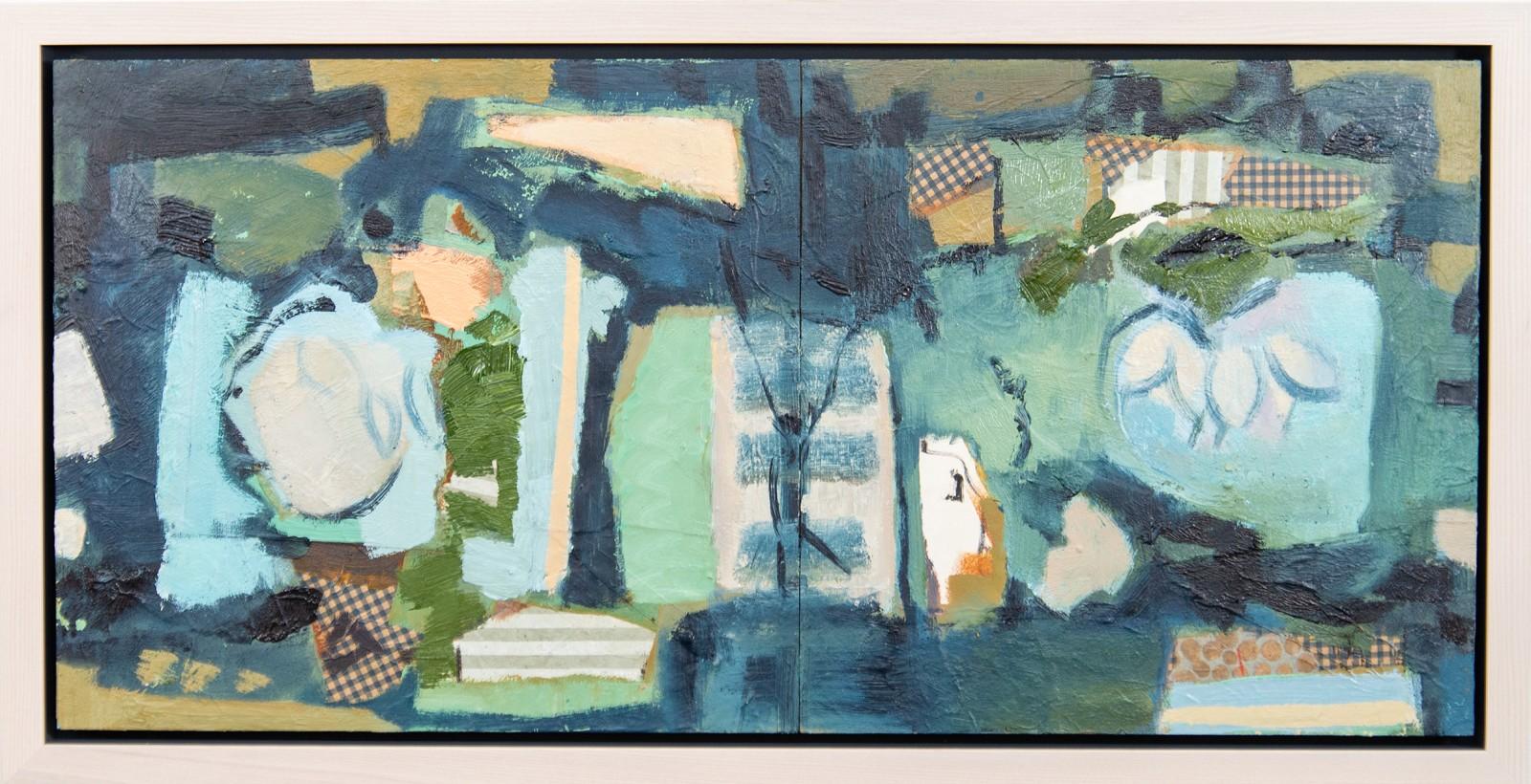 Diptych in Blue and Green - small ochre, cyan, abstract collage and oil painting - Mixed Media Art by Jennifer Hornyak