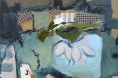 Diptych in Blue and Green - small ochre, cyan, abstract collage and oil painting