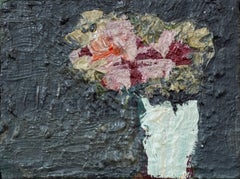 Felt Grey with Pale Pink - small, colourful, floral, still life, oil on panel