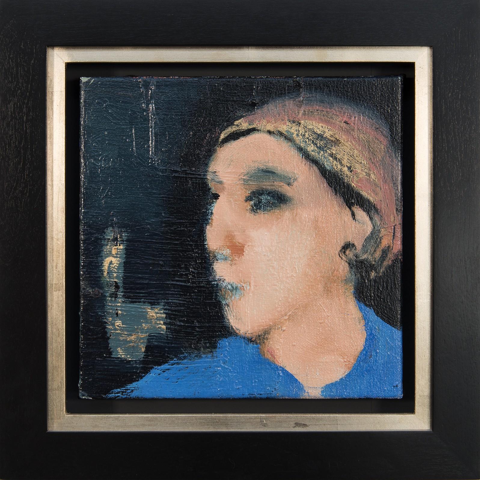 Femme en bleu - small, intimate, blue, pink, female figurative oil painting