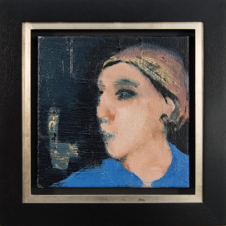 Jennifer Hornyak Figurative Painting - Femme en bleu - small, intimate, blue, pink, female figurative oil painting