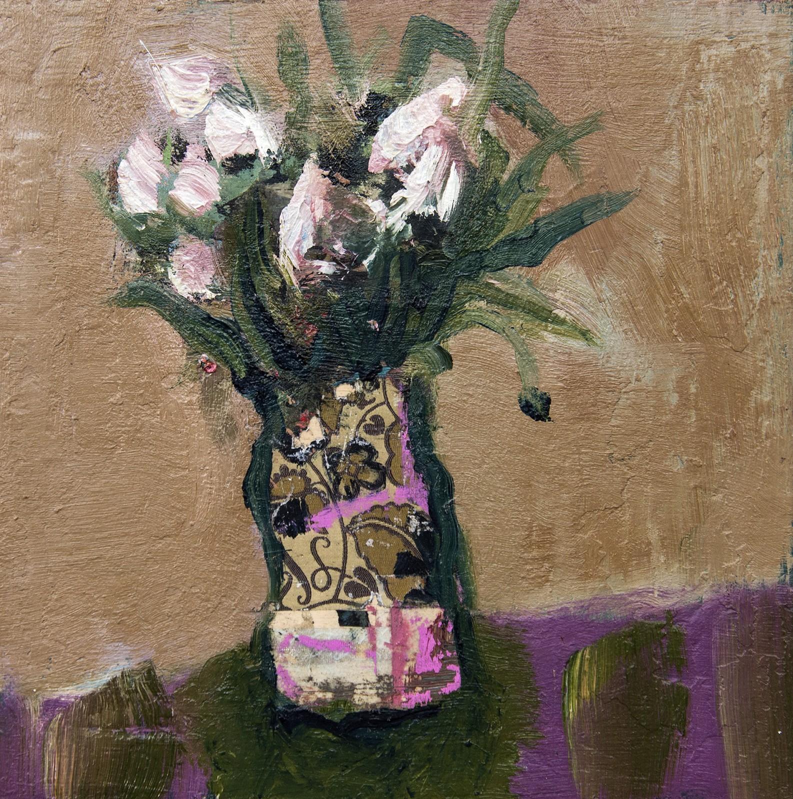 Fiori Bianchi - small, floral, intimate, still life oil and collage on canvas - Painting by Jennifer Hornyak