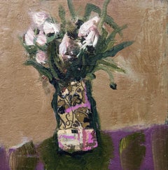 Fiori Bianchi - small, floral, intimate, still life oil and collage on canvas