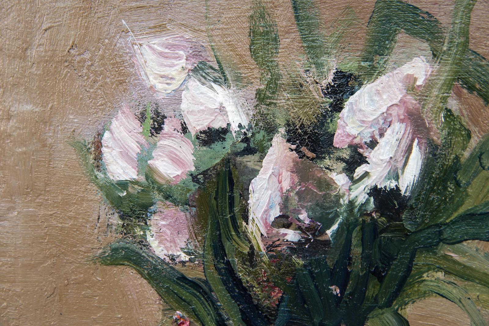 Kleines, florales, intimes Stillleben in Öl und Collage auf Leinwand von Fiori Bianchi 1
