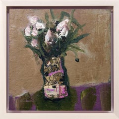 Antique Fiori Bianchi - small, floral, intimate, still life oil and collage on canvas