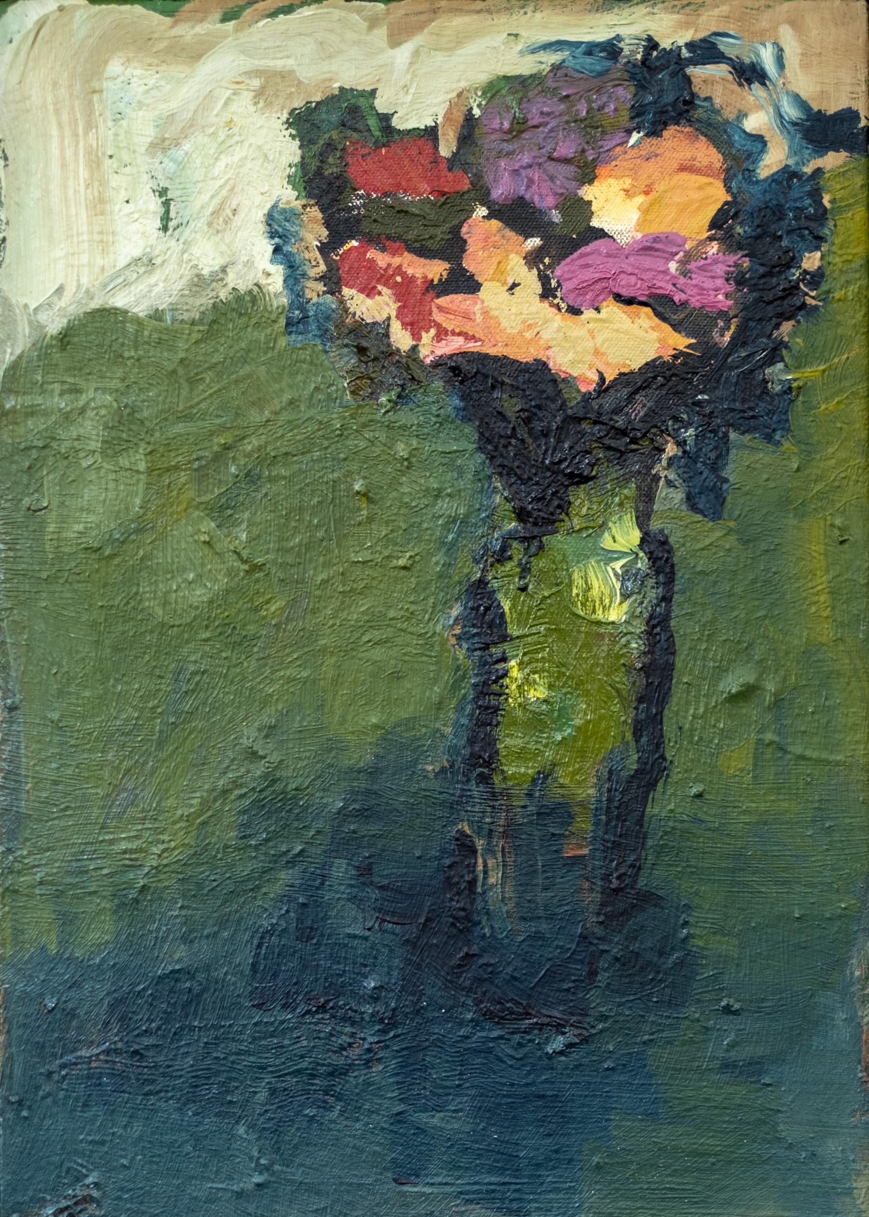 Fleurs avec nuages - petite, colorée, florale, nature morte, huile sur toile
