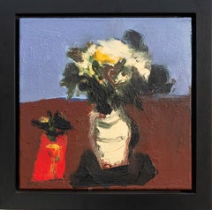 Flowers With Red Box - small, red, blue, green, floral, still life, oil on panel