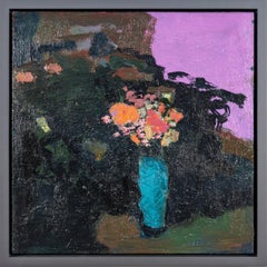 Blu ghiaccio con magenta - Pittura a olio contemporanea su tela, con cornice