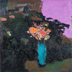 Blu ghiaccio con magenta - Pittura a olio contemporanea su tela, con cornice