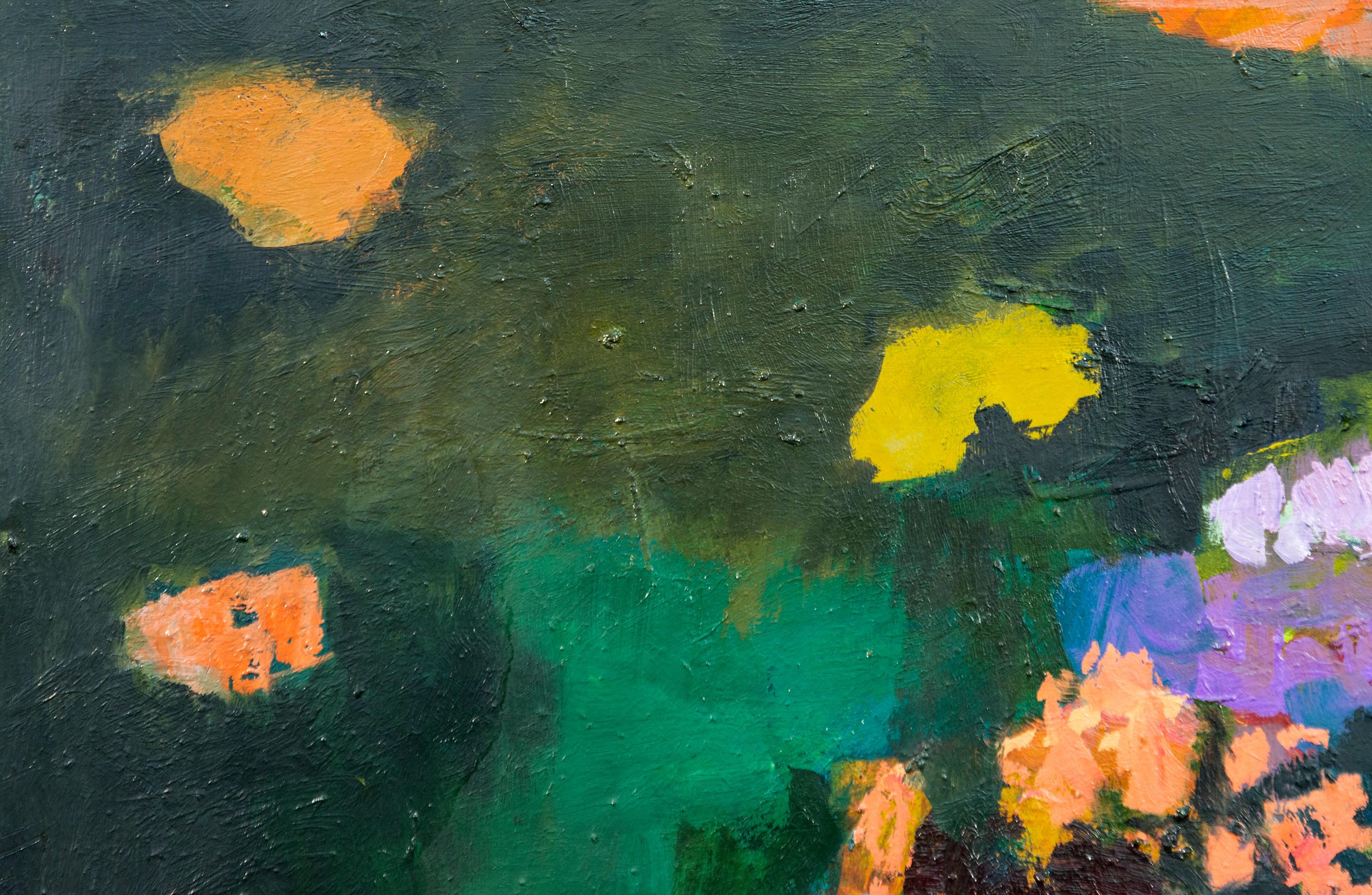 Lime Green mit Koralle - groß, floral, abstraktes Stillleben, Öl auf Leinwand – Painting von Jennifer Hornyak