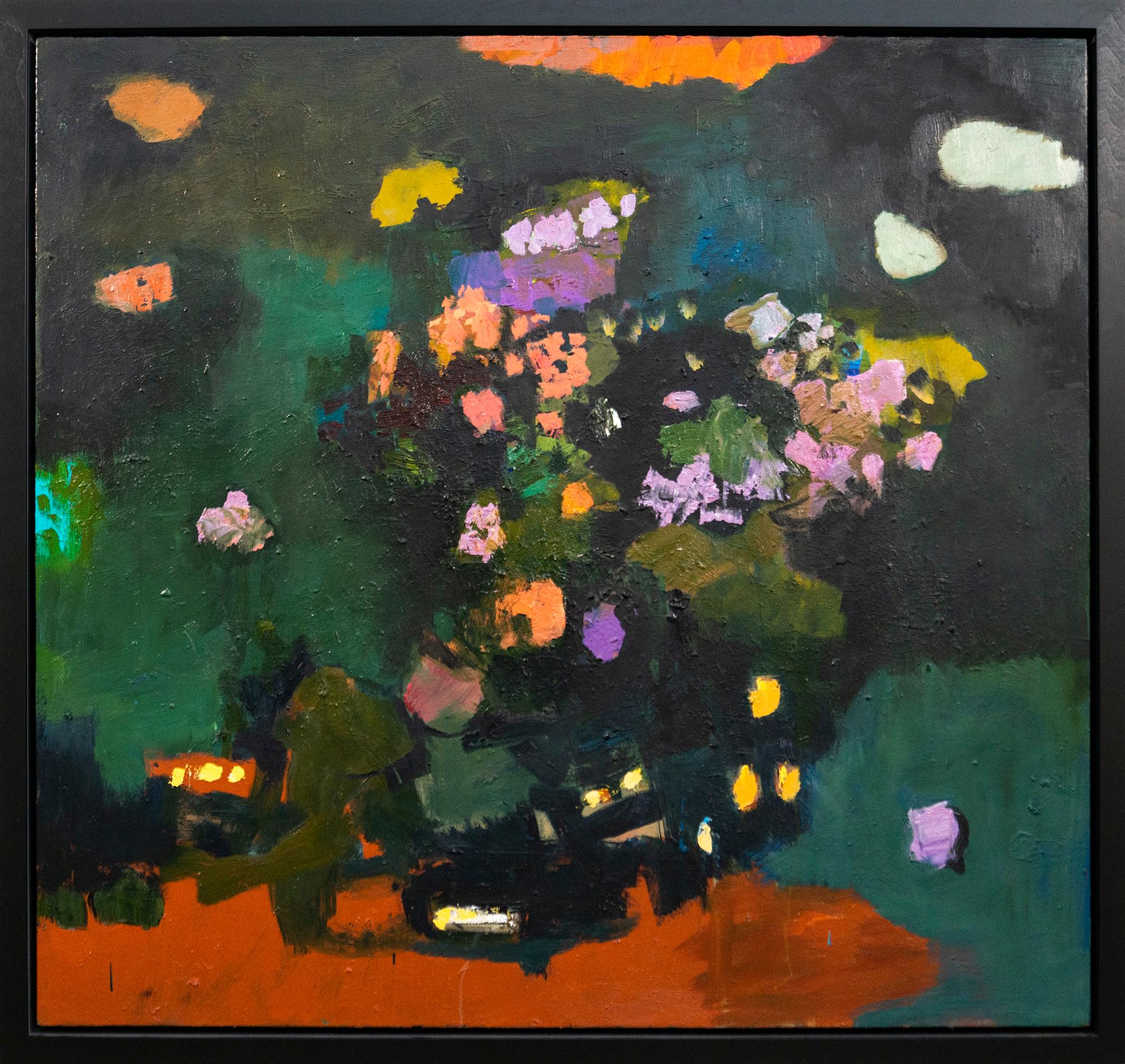 Jennifer Hornyak Still-Life Painting – Lime Green mit Koralle - groß, floral, abstraktes Stillleben, Öl auf Leinwand