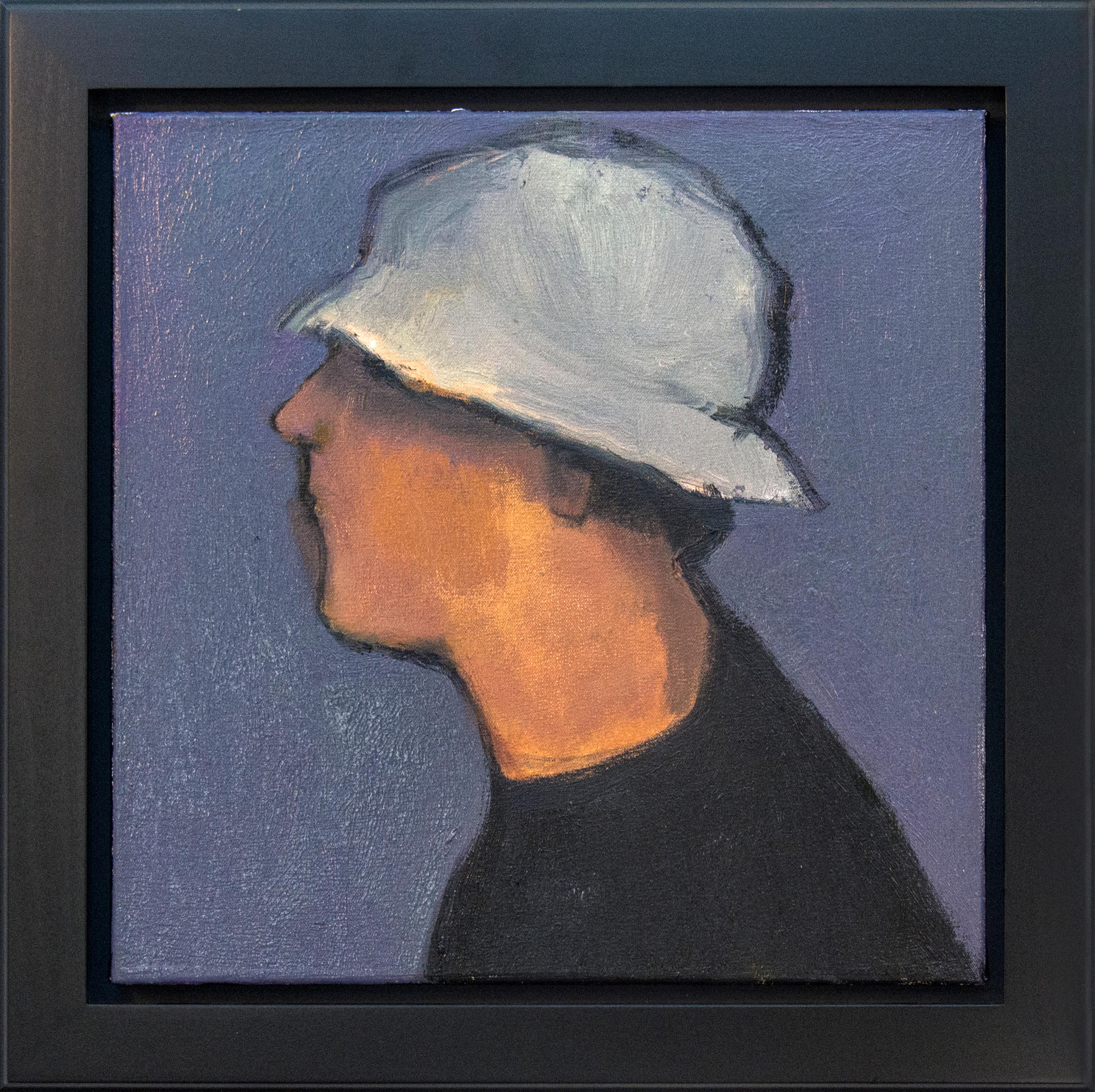 Uomo con cappello - piccolo ritratto maschile blu, bianco, natura morta figurativa olio