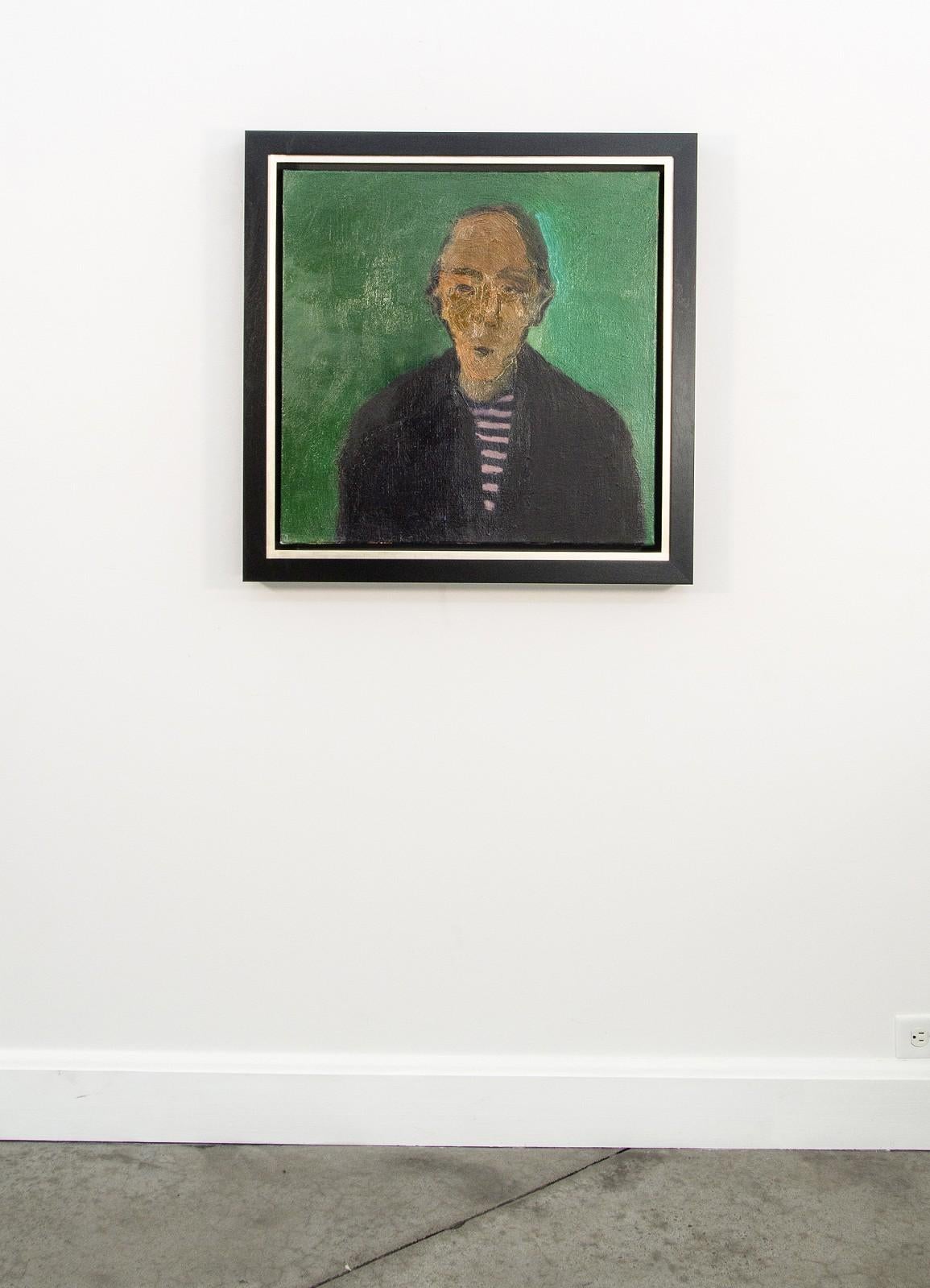 Homme avec chemise rayée - peinture à l'huile - portrait figuratif d'homme vert, nature morte figurative en vente 3