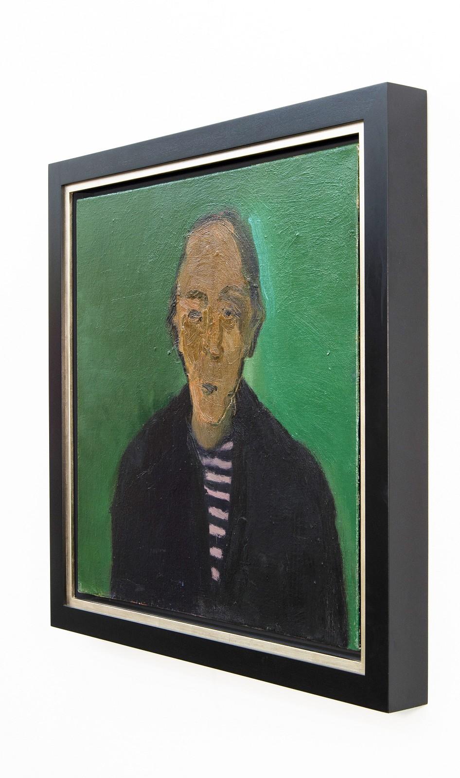 Homme avec chemise rayée - peinture à l'huile - portrait figuratif d'homme vert, nature morte figurative - Contemporain Painting par Jennifer Hornyak