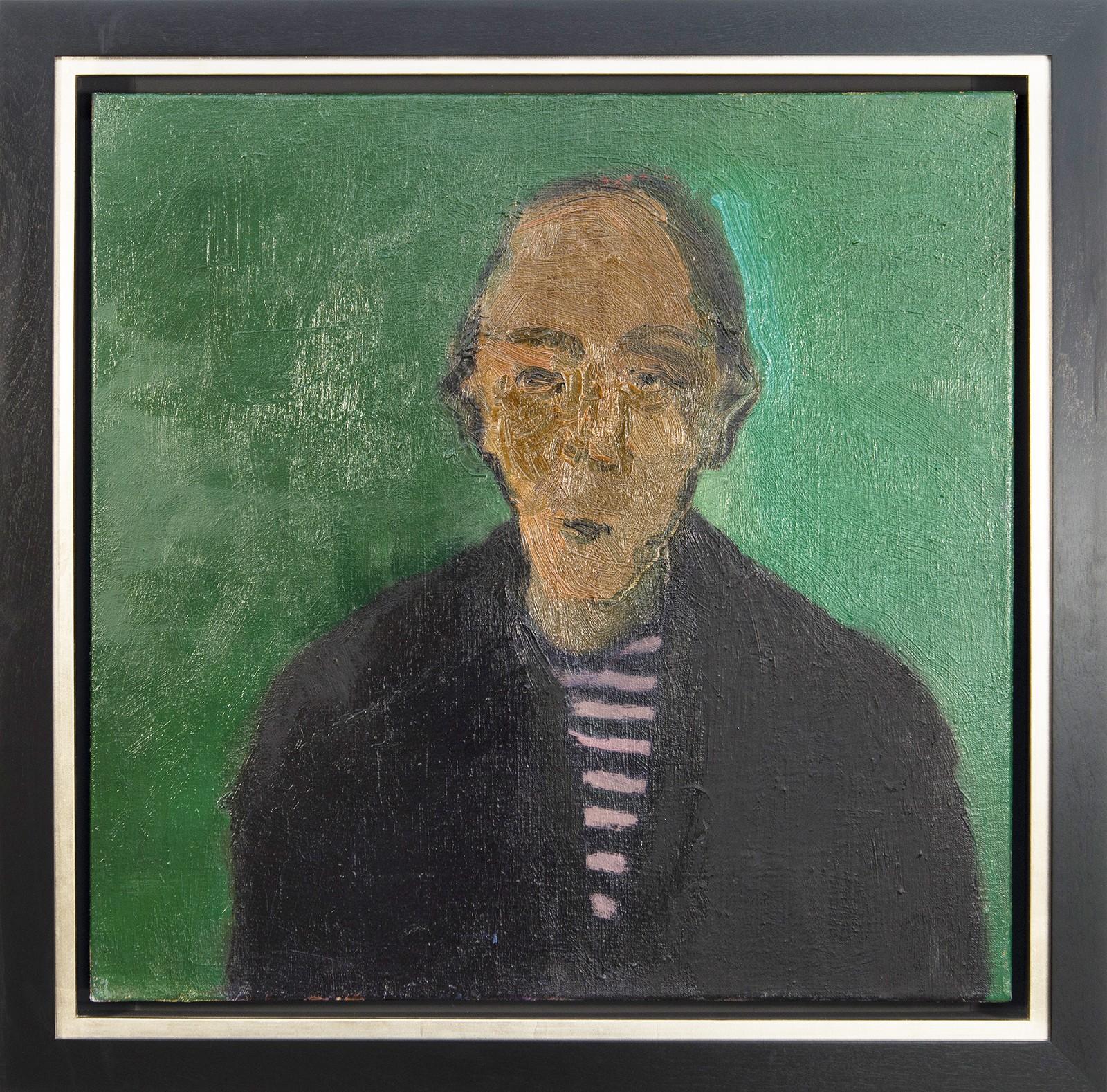 Man with Striped Shirt - green, male portrait figurative still life oil painting - Painting by Jennifer Hornyak