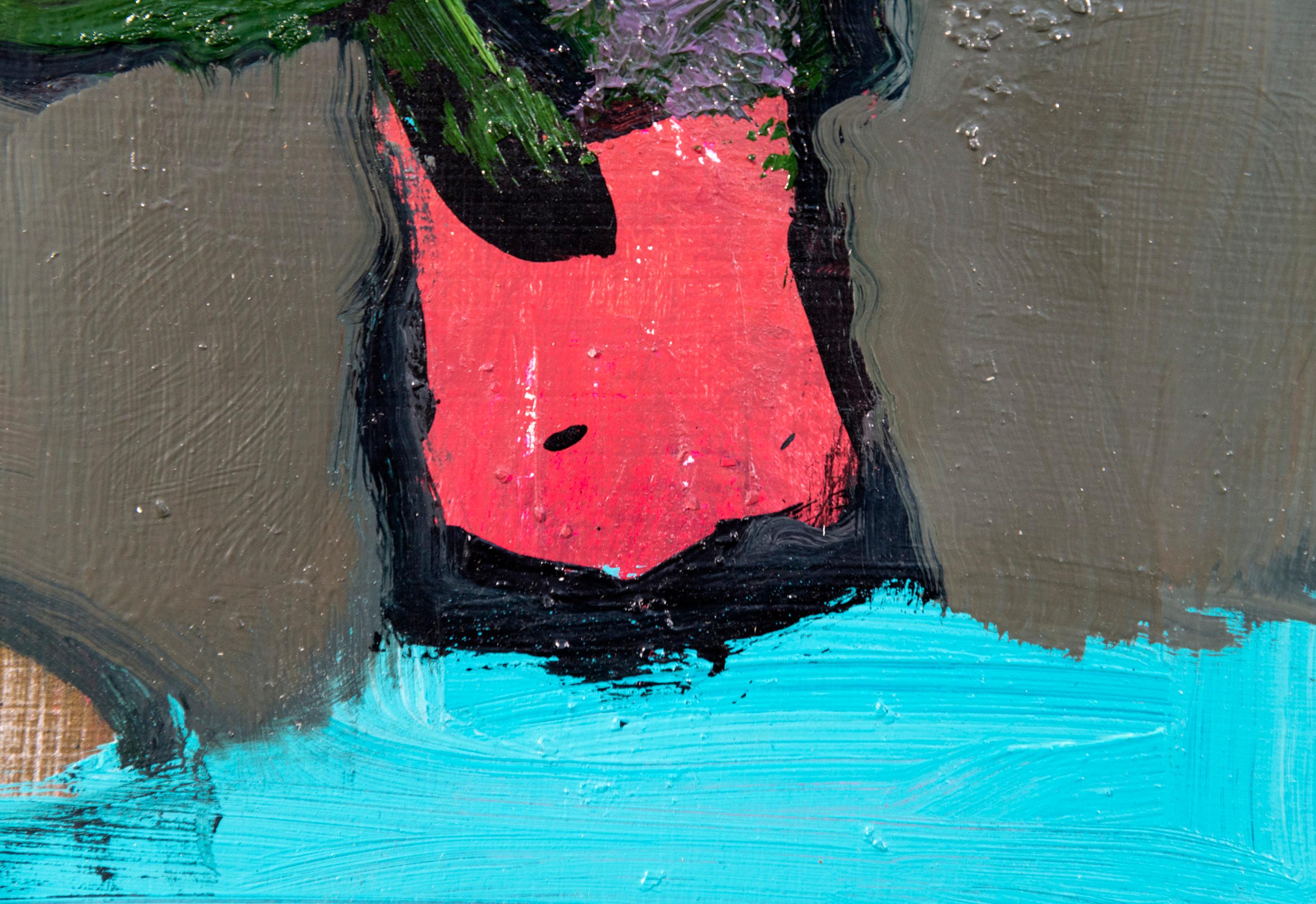 Manganisches Blau mit Neon - klein, rot, rosa, geblümt, Stillleben, Öl auf Tafel (Schwarz), Still-Life Painting, von Jennifer Hornyak