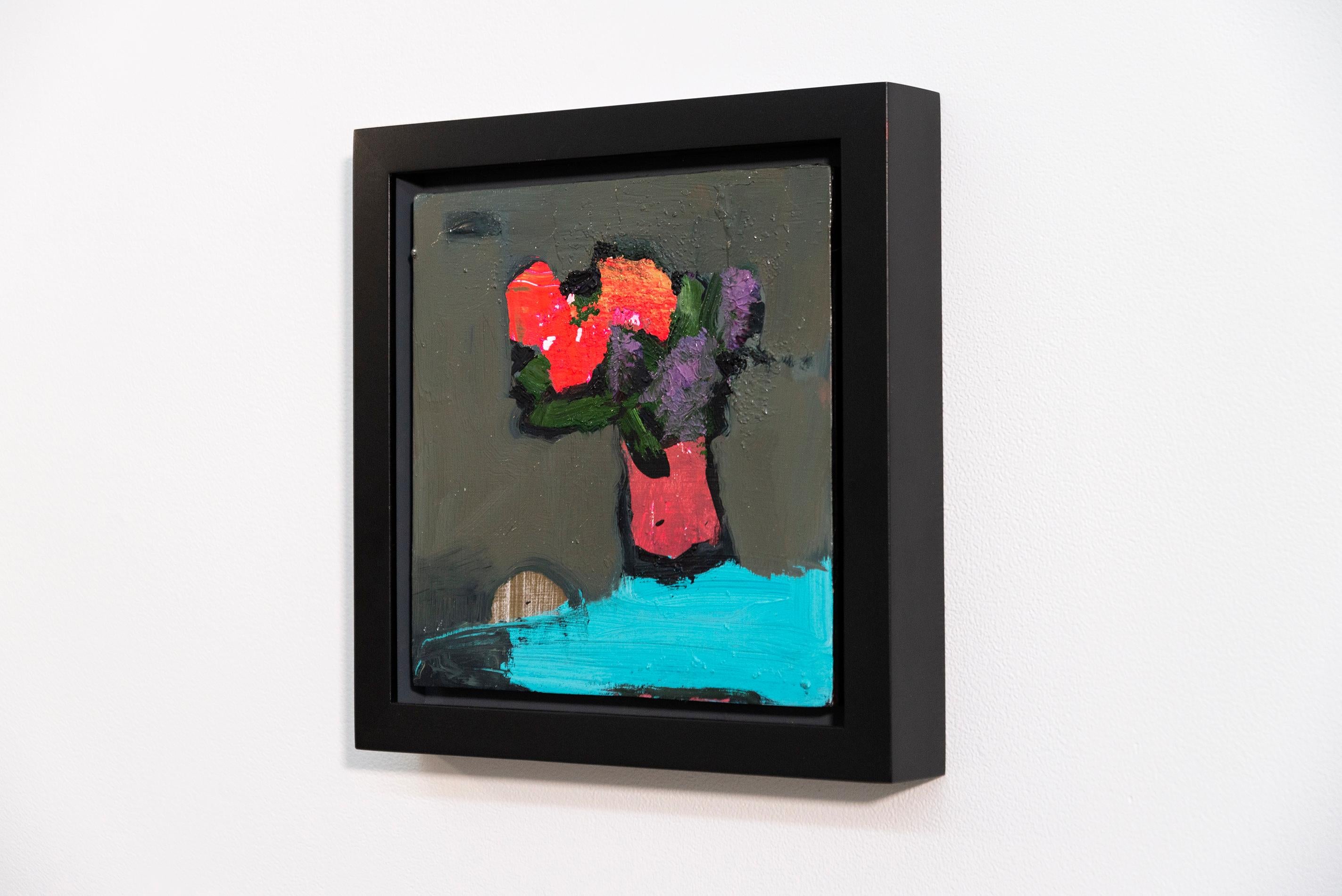Manganese Blue with Neon - small, red, pink, floral, still life, oil on panel - Black Still-Life Painting by Jennifer Hornyak