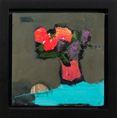 Manganese Blue with Neon - small, red, pink, floral, still life, oil on panel