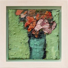 Mint Green with Orange - small, colourful, floral, still life, oil on panel