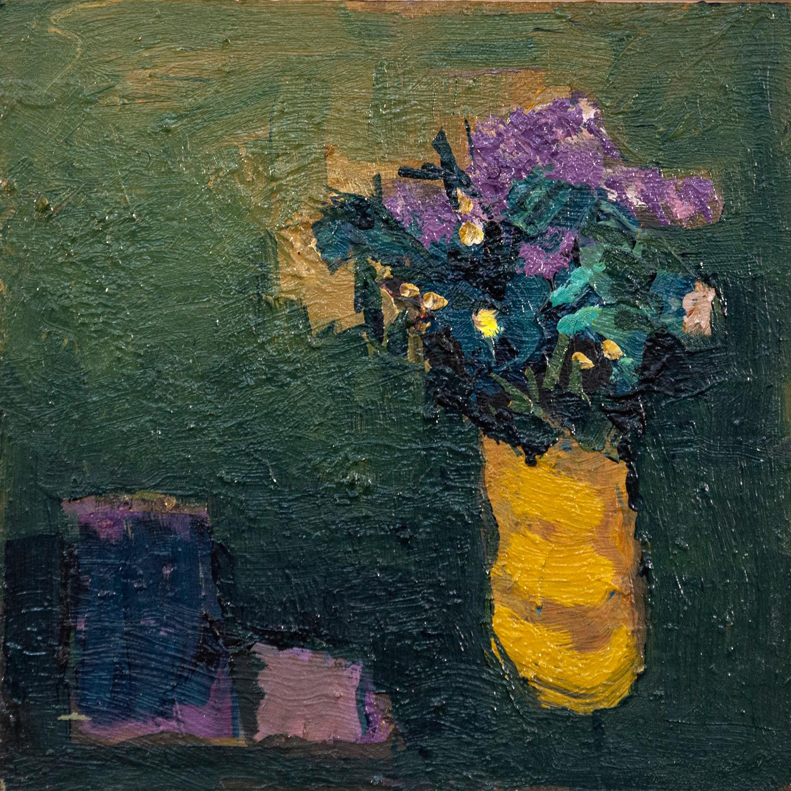 Ocre con Violeta - contemporáneo, floral, bodegón, óleo sobre tabla en venta 7