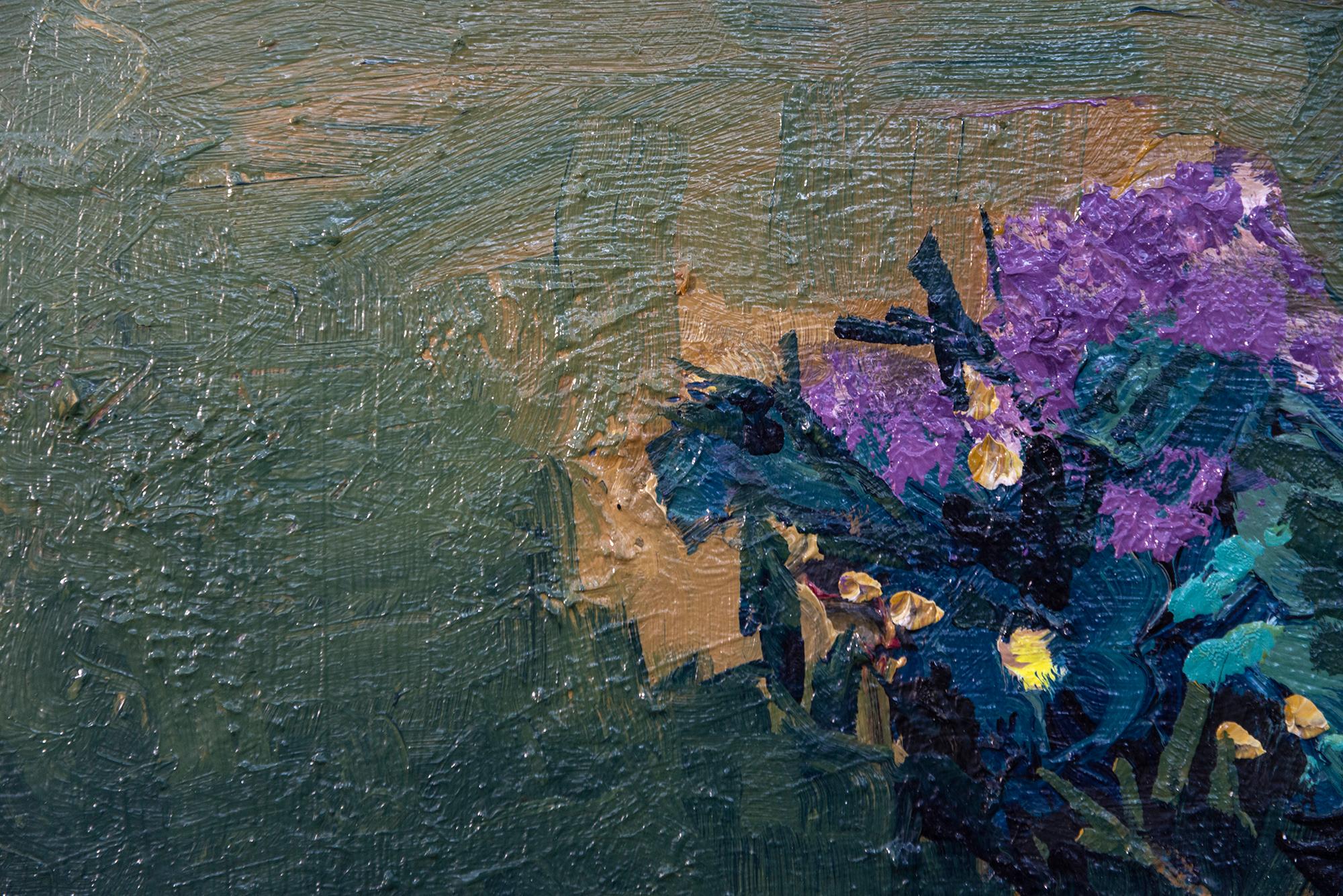 Ocre con Violeta - contemporáneo, floral, bodegón, óleo sobre tabla en venta 1