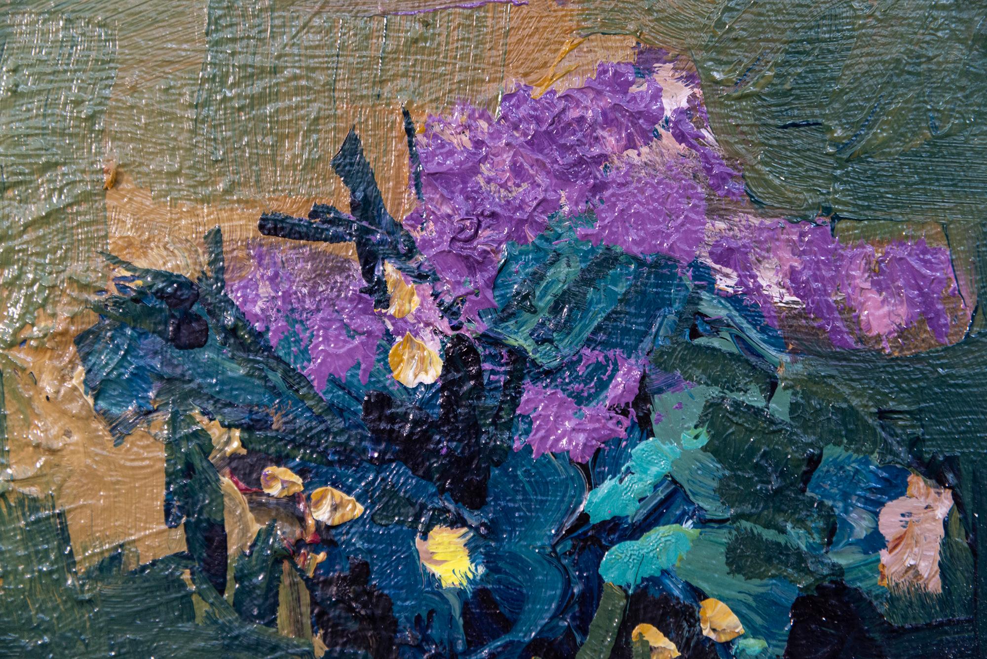 Ocre con Violeta - contemporáneo, floral, bodegón, óleo sobre tabla en venta 2