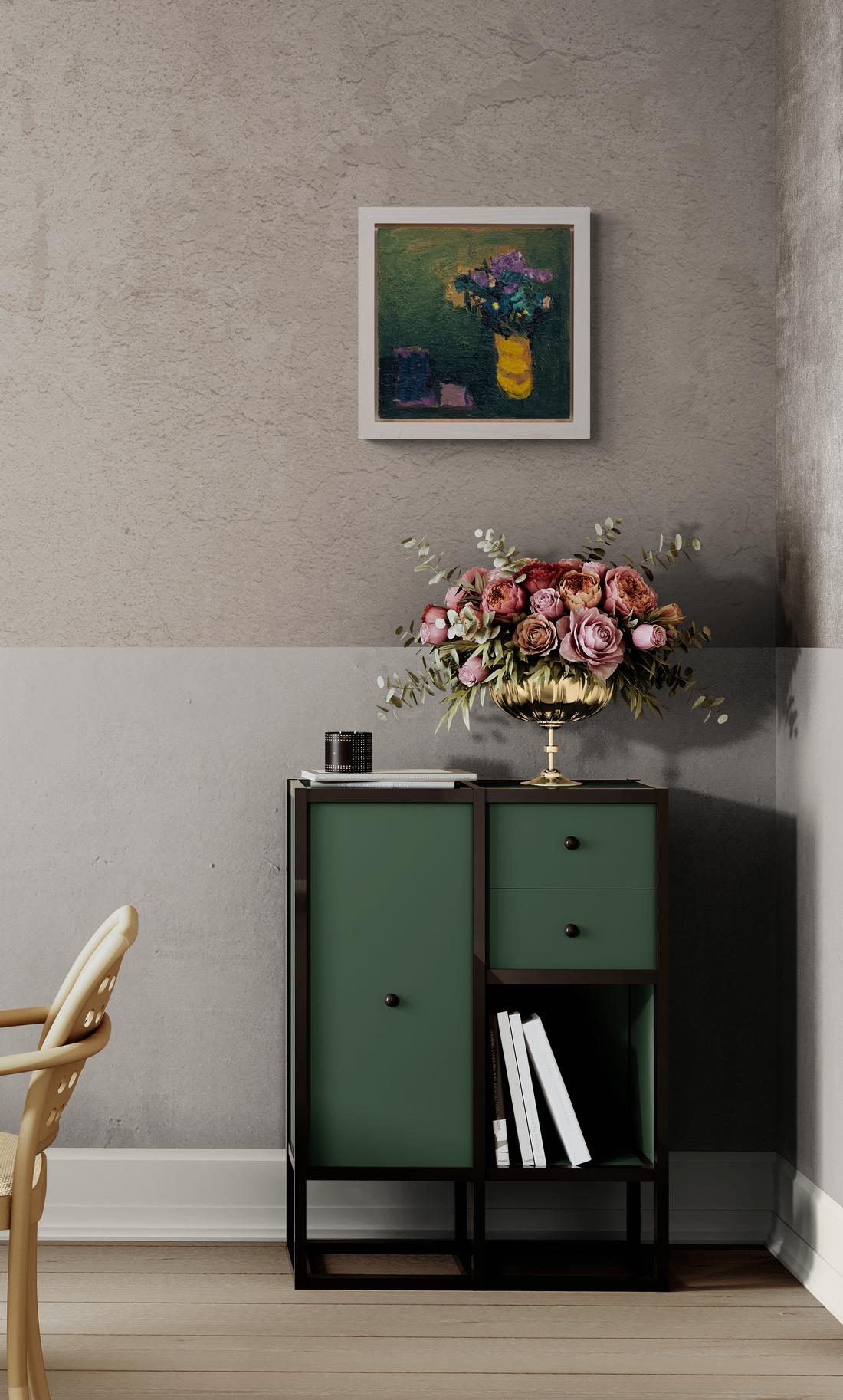 Ocre con Violeta - contemporáneo, floral, bodegón, óleo sobre tabla en venta 6