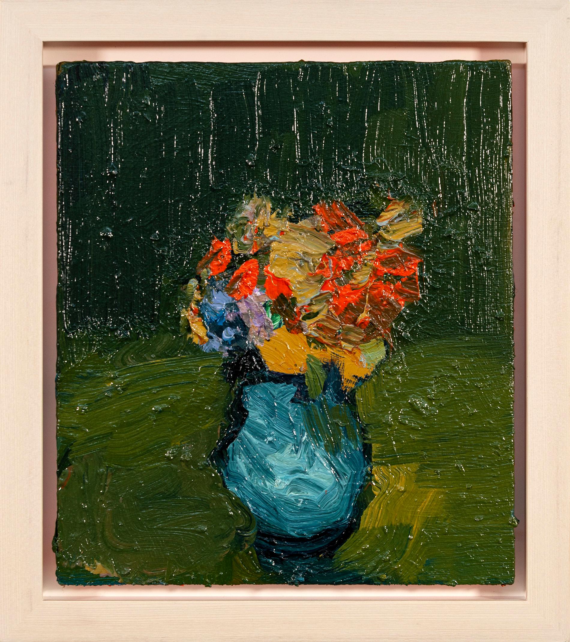 Orange Cluster with Blue -  contemporary, floral, still-life, oil on canvas - Contemporary Painting by Jennifer Hornyak