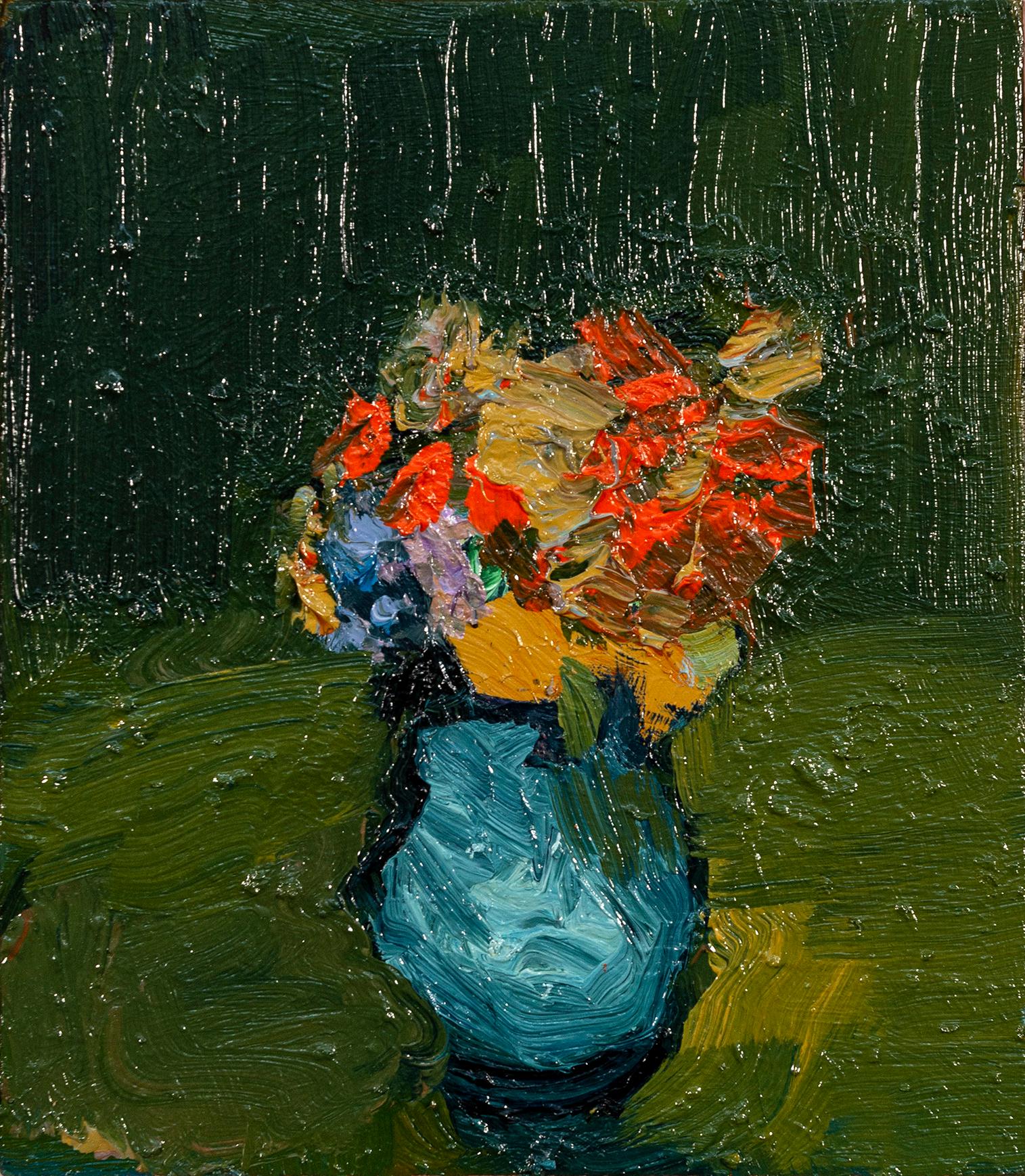 Orange Cluster with Blue -  contemporary, floral, still-life, oil on canvas - Painting by Jennifer Hornyak
