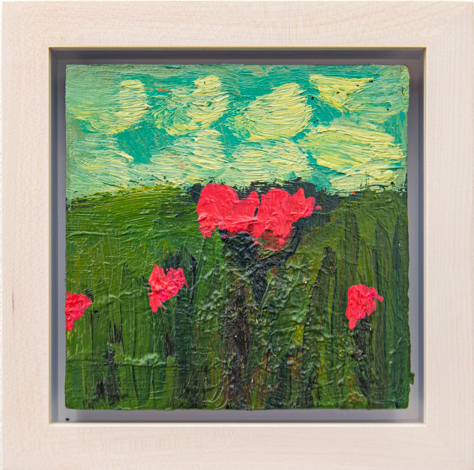 Red Flowers in Landscape - small, pink, green, floral, still life, oil on panel - Contemporary Painting by Jennifer Hornyak