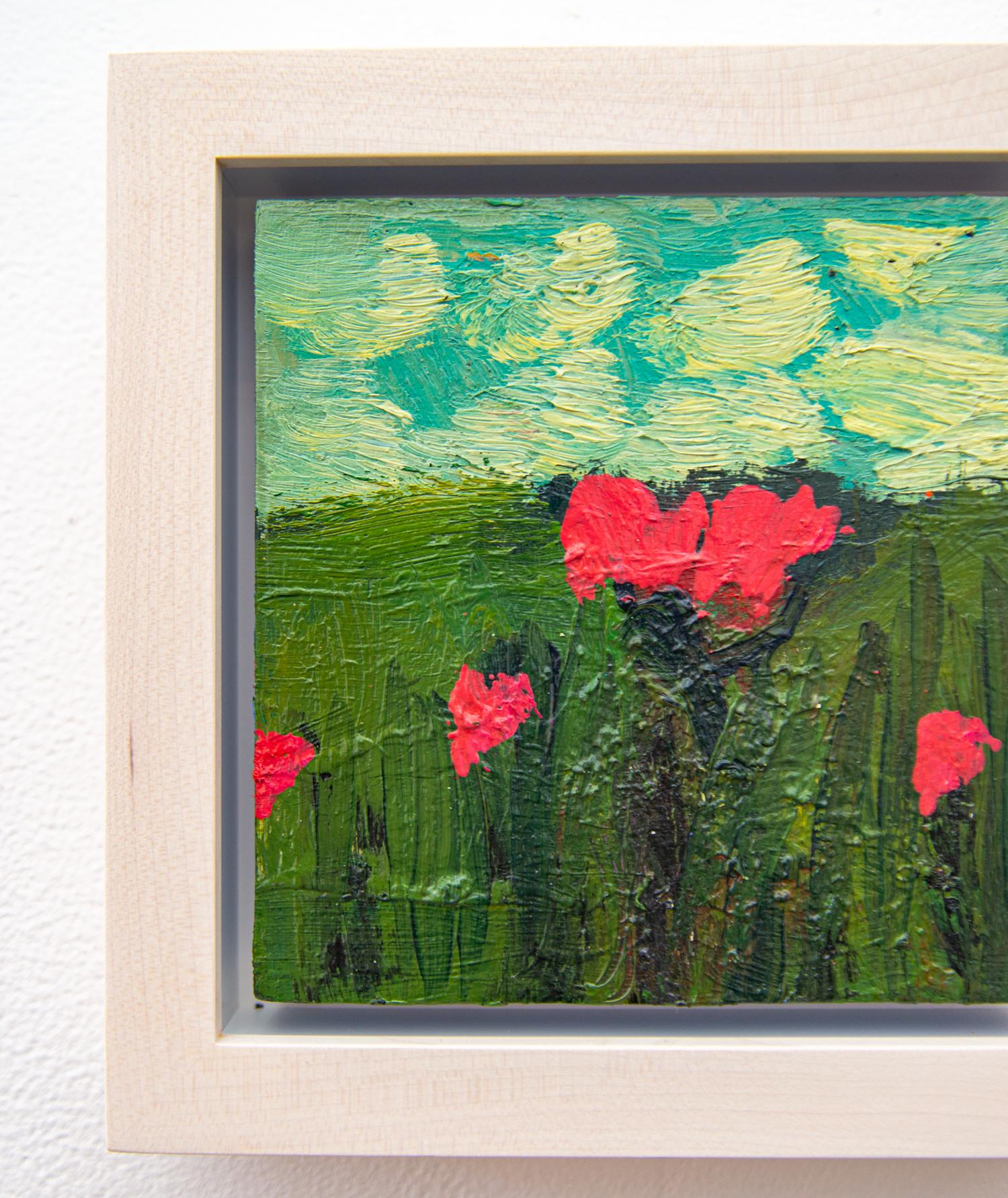 In this lovely oil painting by Jennifer Hornyak, bright red flowers—perhaps poppies stand in a field of green. Billowy white clouds in a turquoise-blue sky frame the flowers and offer stunning contrast. Hornyak is known for her abstract and