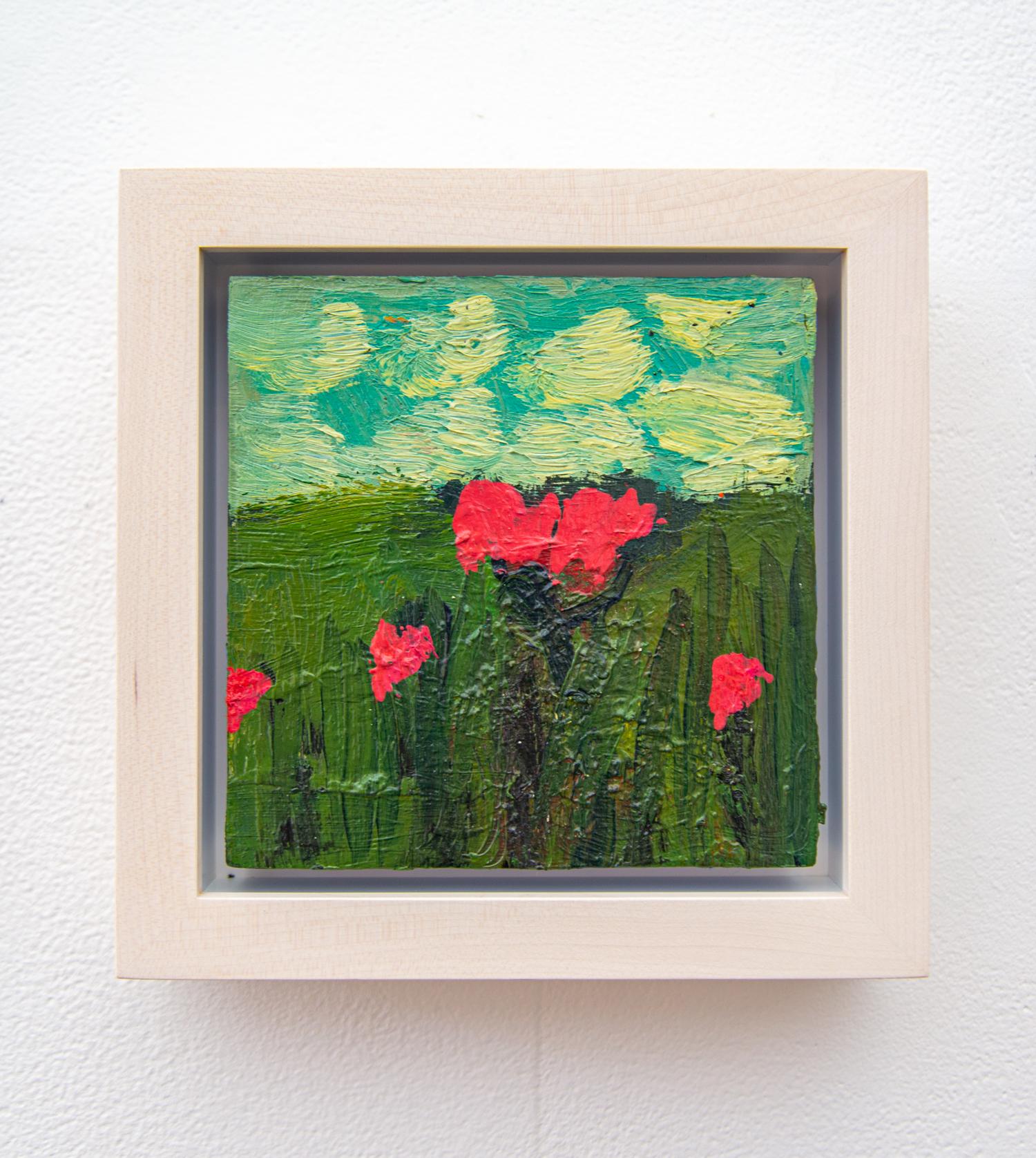 Red Flowers in Landscape - small, pink, green, floral, still life, oil on panel For Sale 1