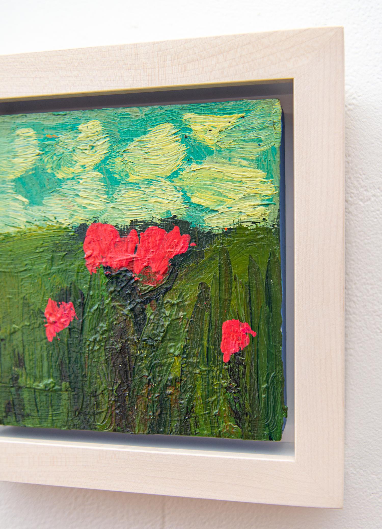 Red Flowers in Landscape - small, pink, green, floral, still life, oil on panel For Sale 2